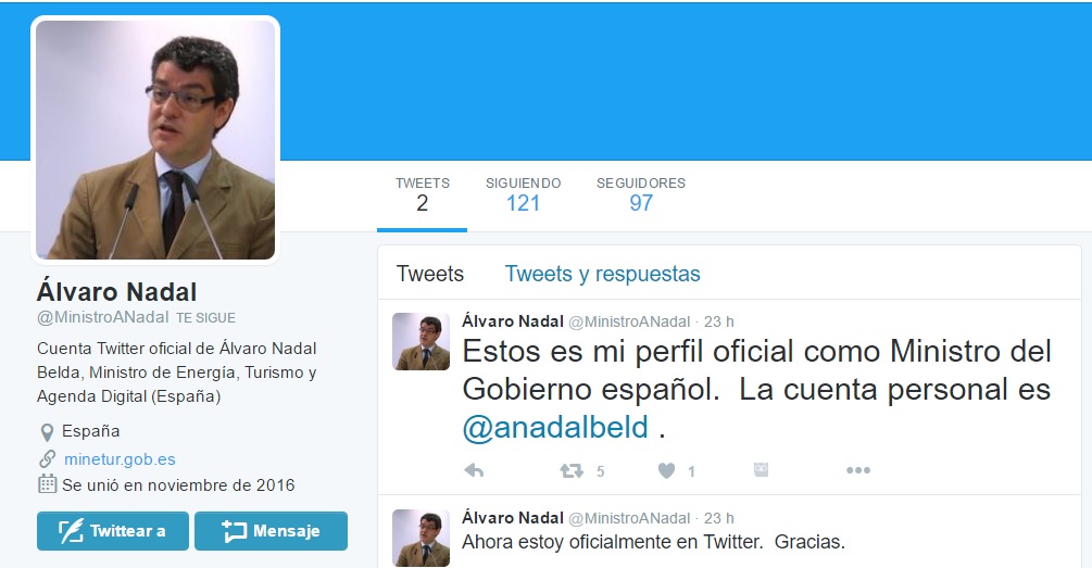 El ministro de Energía, Álvaro Nadal, sigue sin Twitter tras una segunda cuenta &#039;fake&#039;