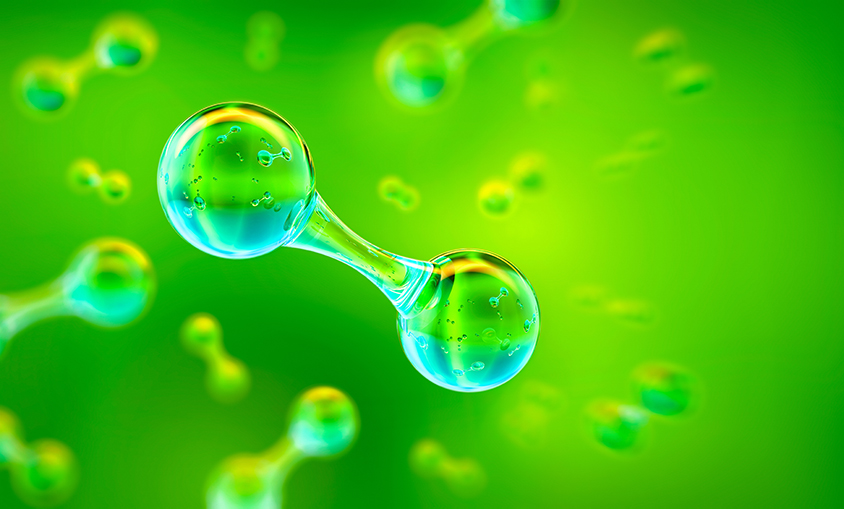 Green Hydrogen H2 gas molecule. Production of green hydrogen energy powered by renewable electricity, sustainable alternative clean hydrogen H2 eco energy, the fuel of th future industry 3D background