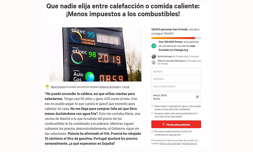 La impulsora de la campaña para bajar impuestos a los carburantes entregará a Hacienda 129.000 firmas