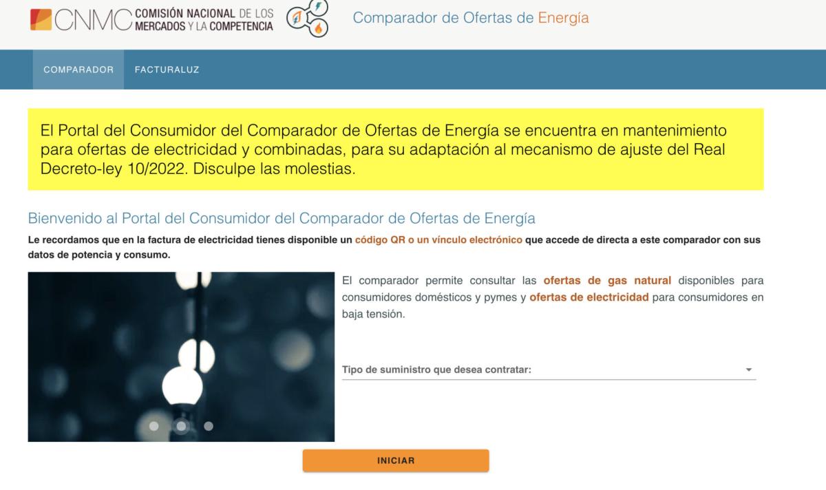 El comparador de tarifas de la luz de la CNMC regresa tras tres meses en mantenimiento por el tope al gas