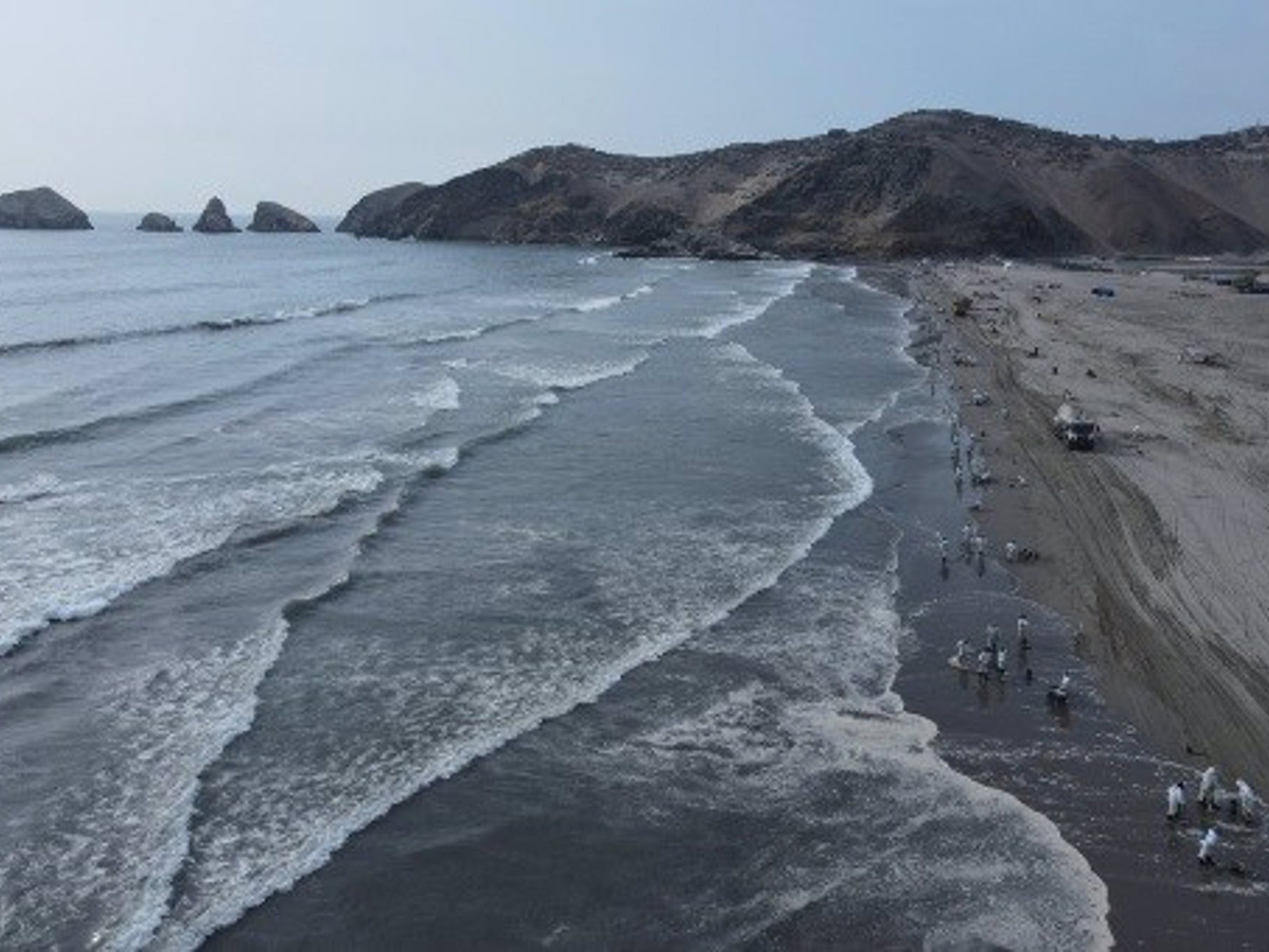 Vista aérea de la limpieza de una playa en Lima tras el derrame de crudo.