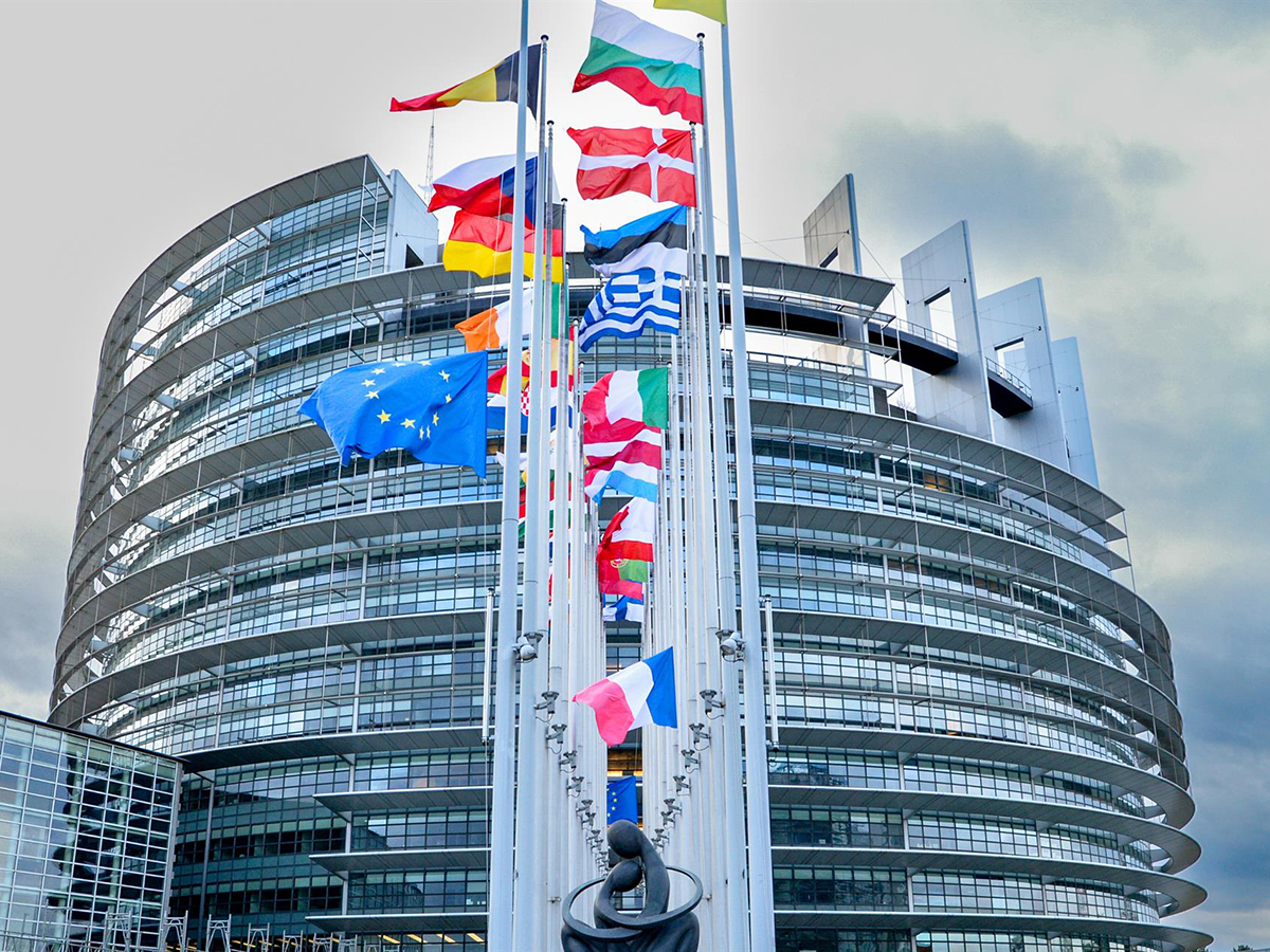 Banderas frente a la sede del Parlamento Europeo en Estrasburgo.