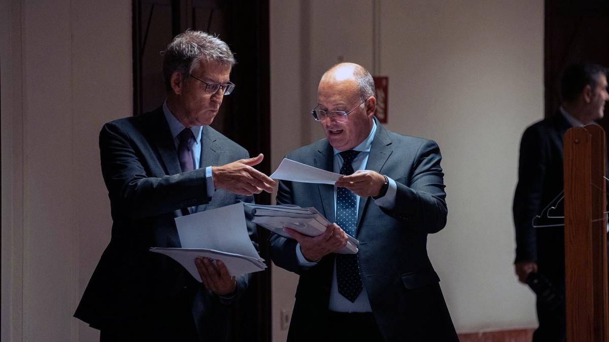 El presidente del PP, Alberto Núñez Feijóo (i), y el portavoz del PP, Miguel Tellado (d), en el Congreso de los Diputados, a 13 de junio de 2024, en Madrid (España).