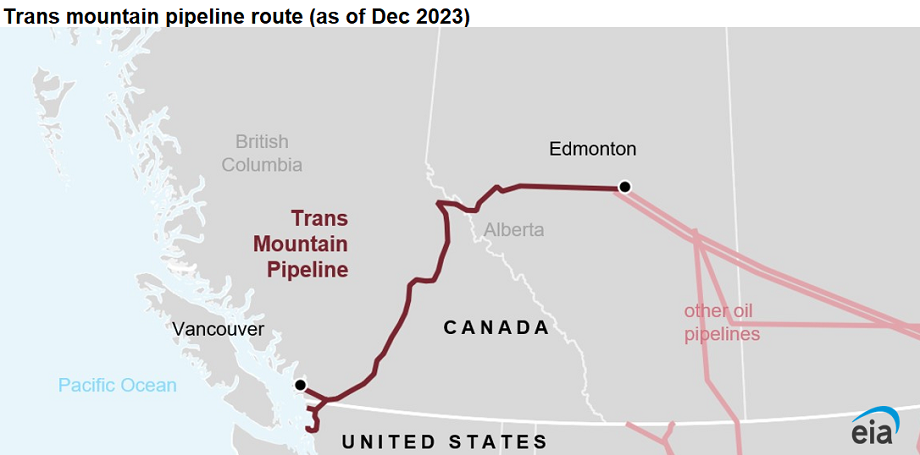 Mapa del recorrido del oleoducto Trans Mountain.