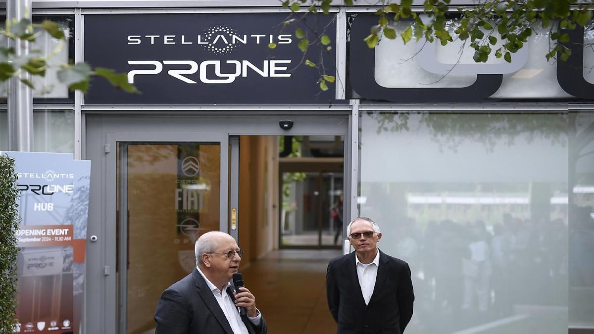 CEO of Stellantis, Carlos Tavares and CEO of Alfa Romeo, Jean Philippe Imparato speech during the Stellantis ProOne Hub Opening 17, 2024.