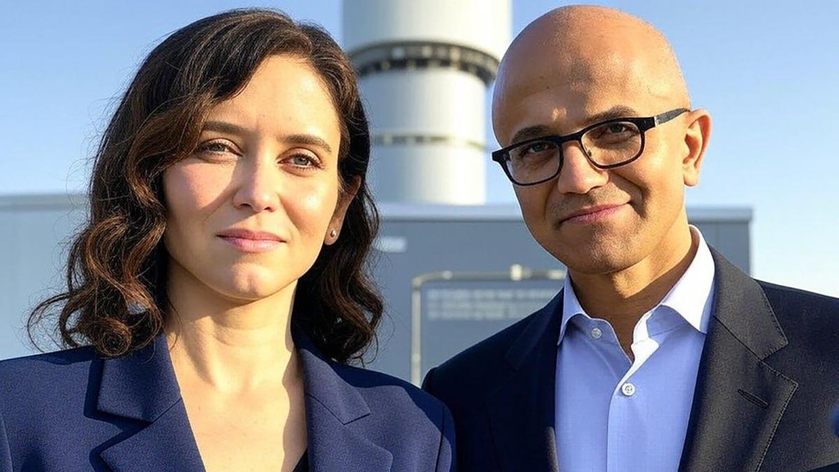 La presidenta de la Comunidad de Madrid junto al CEO de Microsoft, Satya Nadella, en una imagen creada con IA.