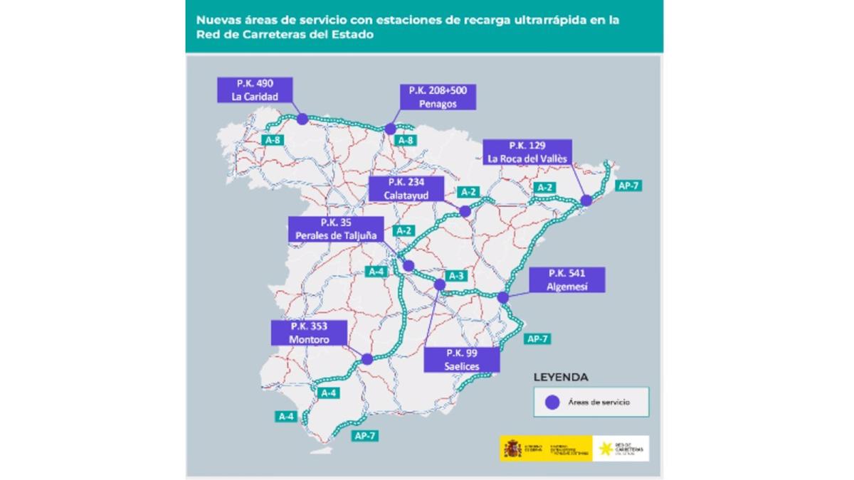 Transportes instalará estaciones de recarga eléctrica ultrarrápidas para coches en 8 áreas de servicio