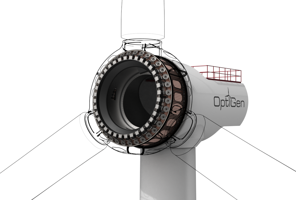 El diseño de OptiGen emplea un sistema de rueda-carril para soportar el rotor, garantizando la estabilidad del entrehierro del generador.
