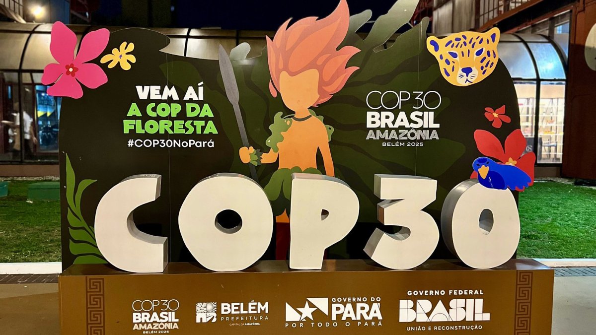 Un cartel de la COP30 con la imagen del Curupira divierte a los turistas.