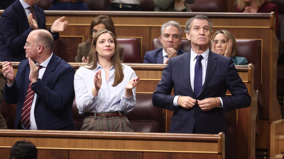 El secretario general del PP, Miguel Tellado, la portavoz del PP en el Congreso, Ester Muñoz, y el presidente del PP, Alberto Núñez Feijóo, durante una sesión de control al Gobierno.