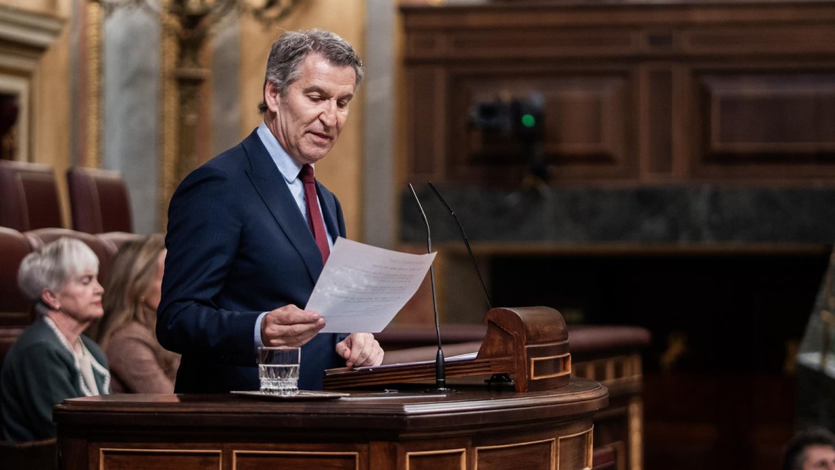 El presidente del Partido Popular, Alberto Núñez Feijóo, interviene durante una sesión de control al Gobierno, en el Congreso.