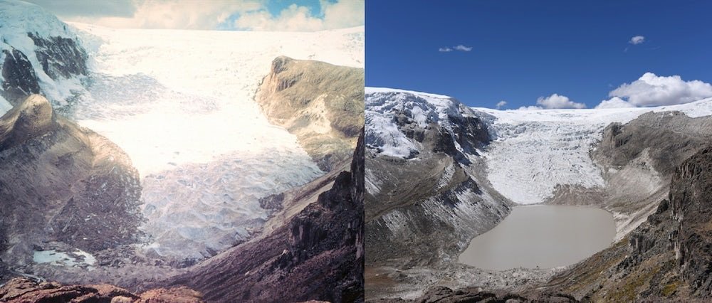 El glaciar Kalis Qori en Perú se ha retirado 1,14 km entre 1978 (izquierda) y 2016 (derecha) (Crédito: Lonnie Thompson).