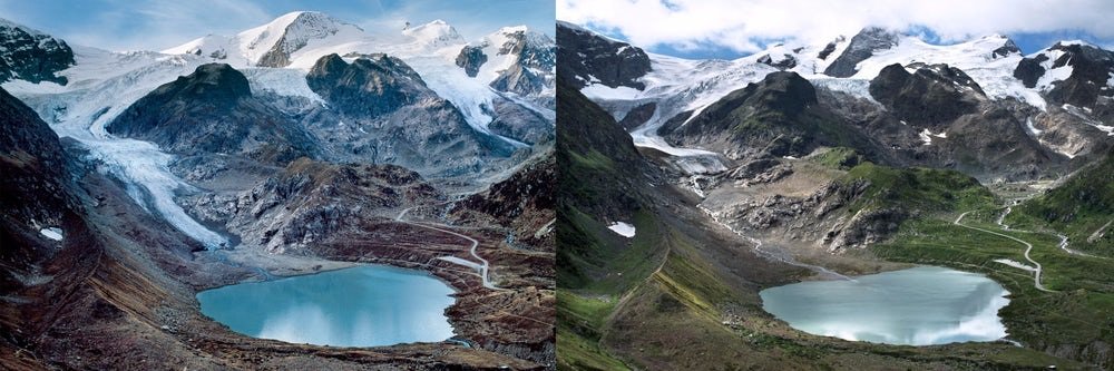 Glaciar Stein, en Suiza, se ha retirado 550 m entre 2006 (izquierda) y 2015 (derecha) (Crédito: James Balog y Extreme Ice Survey).