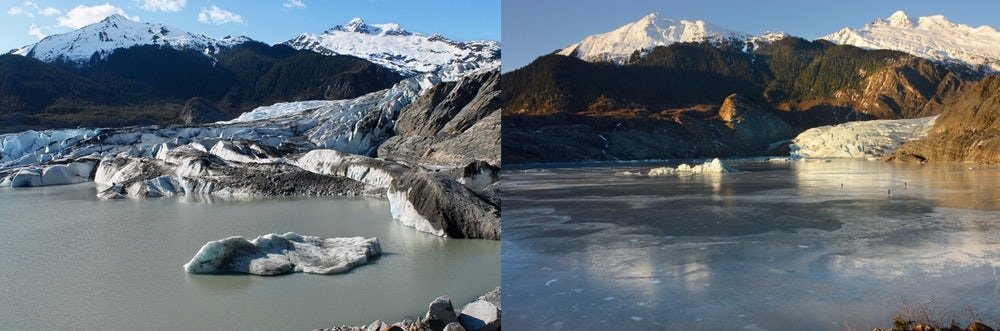 El Glaciar Mendenhall, en Alaska, se ha retirado 550 m entre 2007 (izquierda) y 2015 (derecha) (Crédito: James Balog y Extreme Ice Survey).