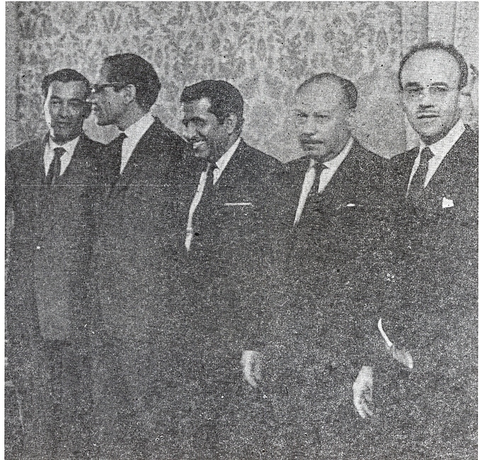 L/R
Ahmed Sayed Omar, Head of Delegation, Kuwait
Fuad Rouhani, Head of Delegation, Iran - OPEC Secretary General, January 21, 1961 to April 30, 1964
HE Abdullah Tariki, Head of Delegation, Saudi Arabia
Mohamed Salman, Head of Delegation, Iraq
HE Dr Juan Pablo Pérez Alfonzo, Minister of Mines and Hydrocarbons,, Head of Delegation, Venezuela