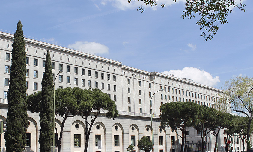 South facade of NUEVOS MINISTERIOS in Madrid (Spain), a government complex built in 1942.