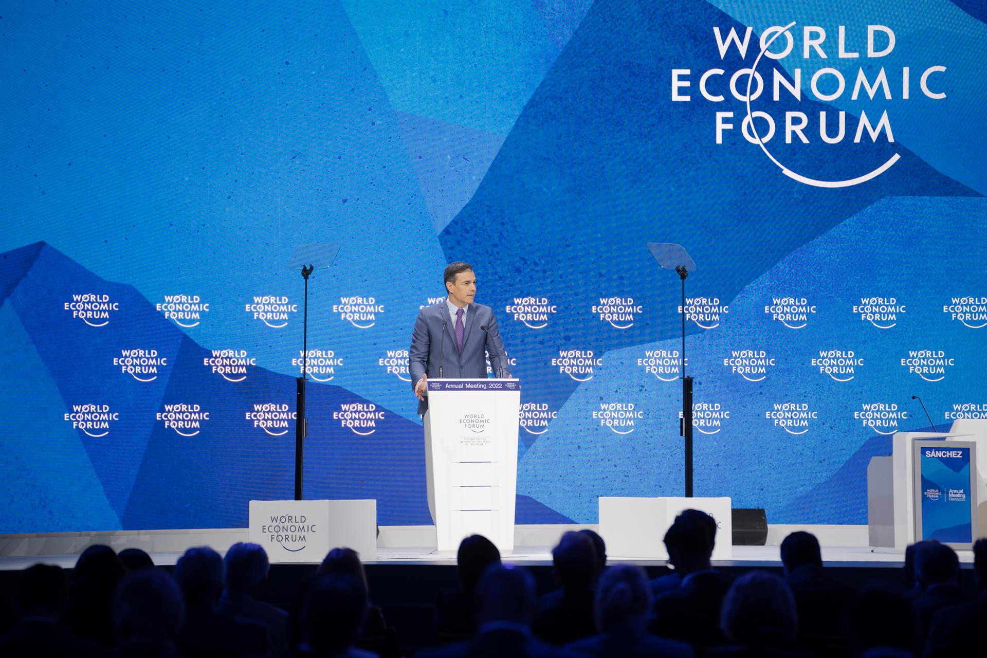 El presidente del Gobierno, Pedro Sánchez, interviene en la Reunión Anual del Foro Económico Mundial en Davos-Klosters (Suiza). FOTO: Pool Moncloa/Fernando Calvo