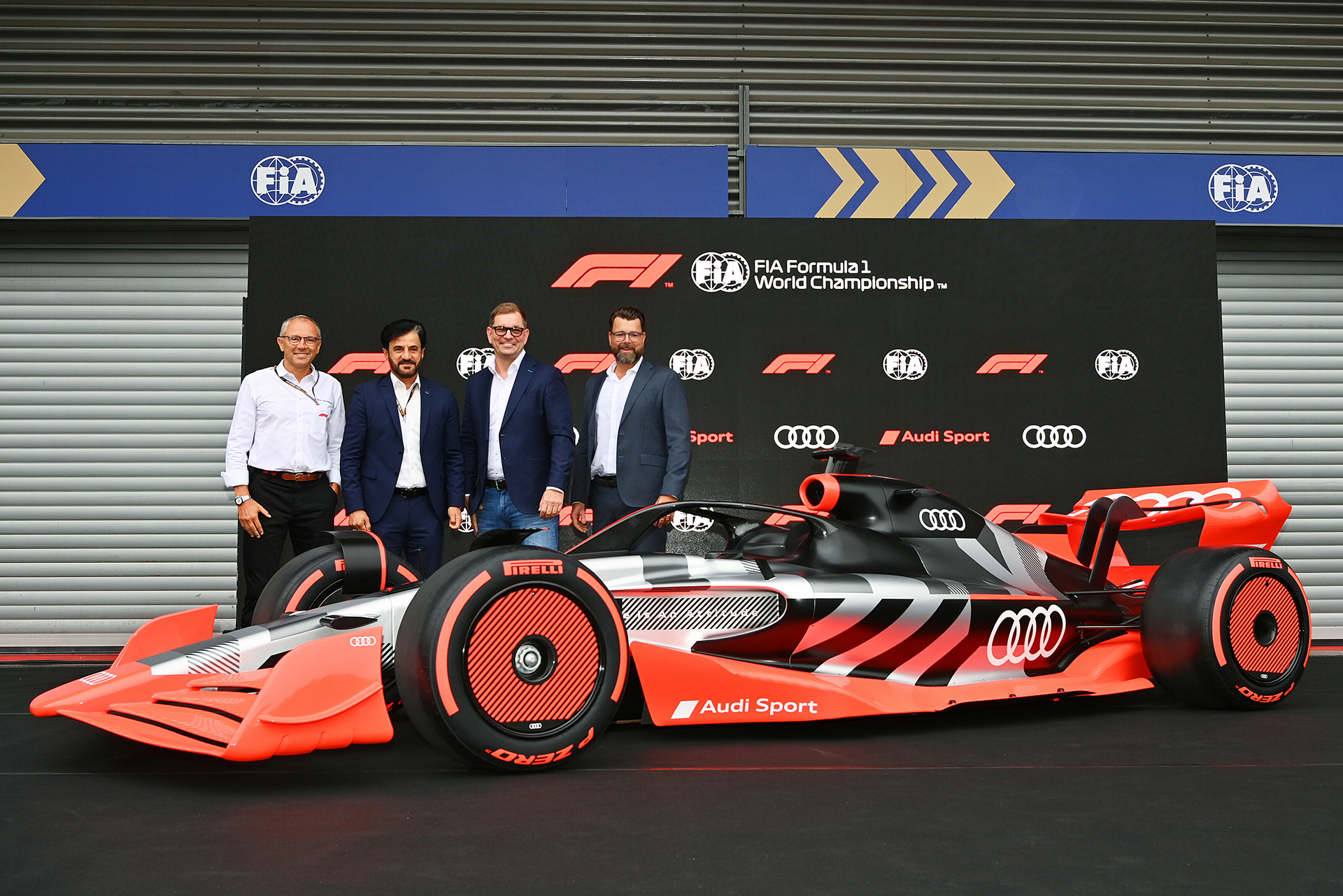 Stefano Domenicali, Formula 1 President and CEO, Mohammed ben Sulayem, President of the International Automobile Federation (FIA), Markus Duesmann, Chairman of the Board of Management of AUDI AG, and Oliver Hoffmann, Member of the Board of Management for Technical Development of AUDI AG