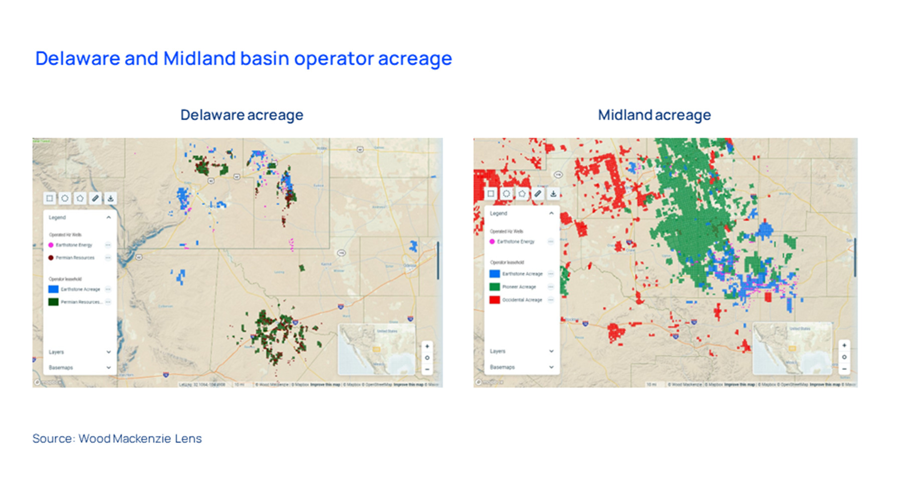  Los mapas muestran la superficie de Delaware y Midland. 