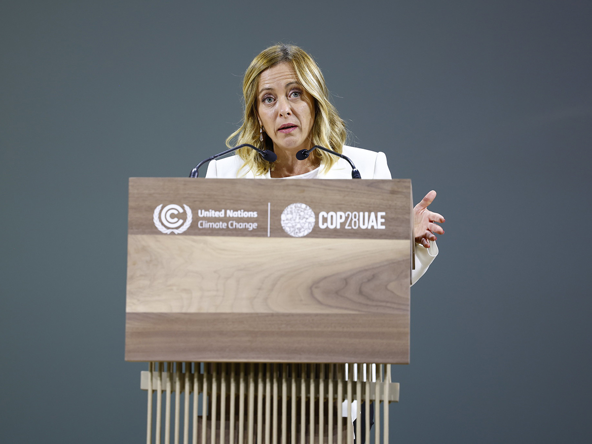 La primera ministra de Italia, Giorgia Meloni, en la COP28. FOTO: COP28