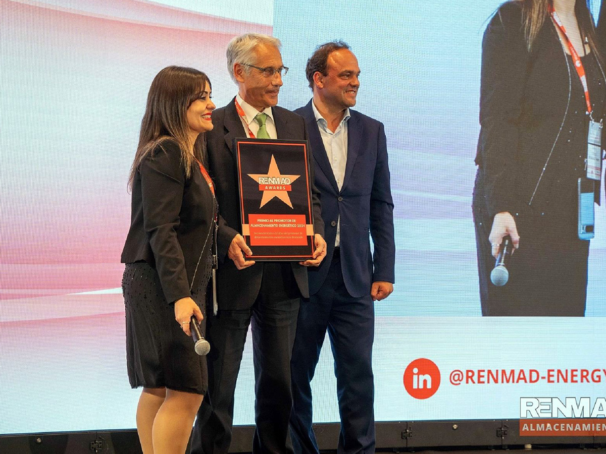 El responsable de proyectos especiales de Iberdrola, Alexander Arias, recoge el Premio Renmad 2024 como mejor promotor de almacenamiento de energía. FOTO: Iberdrola