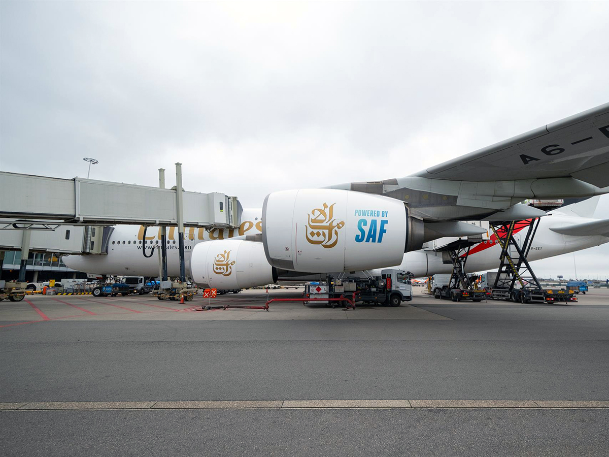 Emirates usa combustible sostenible para la aviación (SAF). FOTO: Emirates