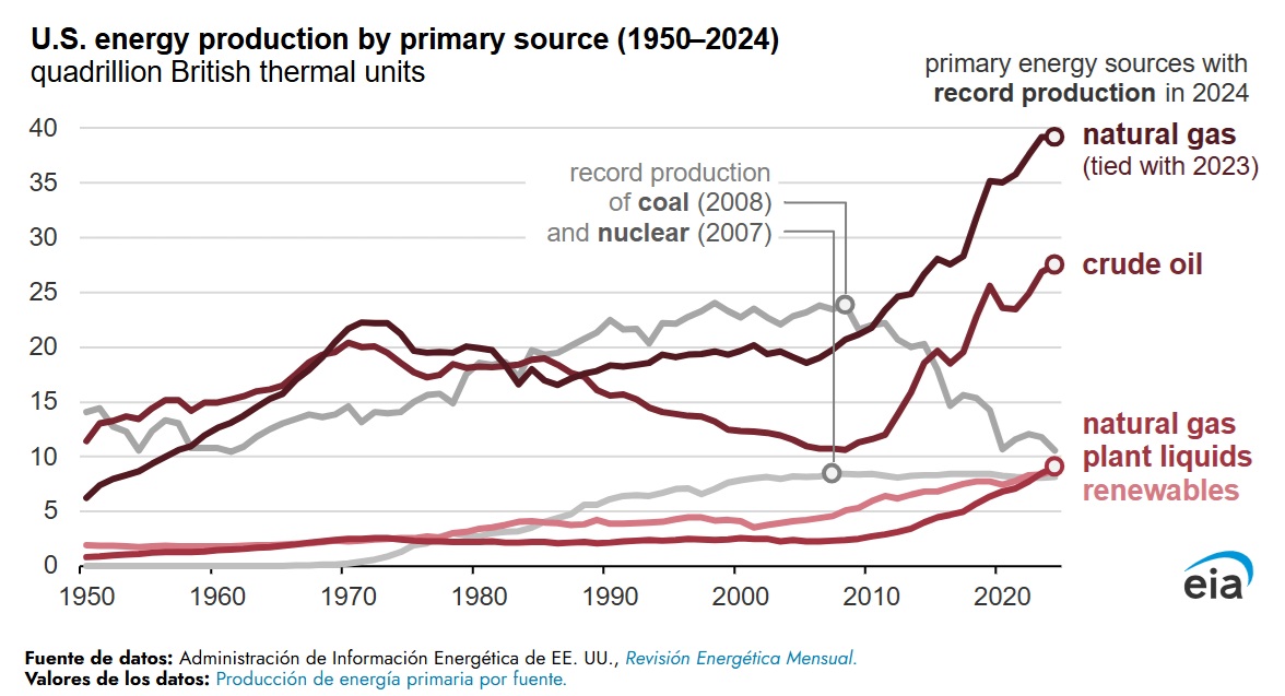  /></p><p>El gas natural representó aproximadamente el 38% de la producción total de energía de EEUU en 2024 y ha sido la principal fuente de producción energética nacional desde 2011, cuando superó al carbón. La producción estadounidense de gas natural seco fue de casi 38 billones de pies cúbicos, prácticamente la misma que en 2023.</p>
<p>El petróleo crudo nacional representó aproximadamente el 27% de la producción energética total de EEUU en 2024, ya que Estados Unidos sigue siendo el principal productor mundial de crudo. La producción estadounidense de petróleo crudo alcanzó un récord de 13,2 millones de barriles diarios en 2024, un 2% más que el récord anterior establecido en 2023. Casi la totalidad del crecimiento de la producción provino de la región Pérmica, que abarca partes de Nuevo México y Texas.</p>
<blockquote><p>Relacionado:</p><p><a href=