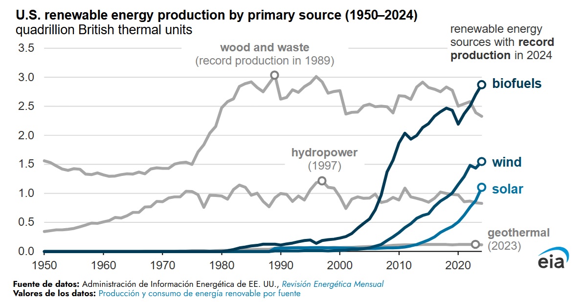  /></p><p>La producción de biocombustibles, energía eólica y solar batió récords en 2024, contribuyendo a un récord en la producción total de energía renovable en Estados Unidos. En 2024, la producción total de biocombustibles en EEUU, que incluye etanol, diésel renovable, biodiésel y otros biocombustibles como el combustible de aviación sostenible (SAF), alcanzó un récord de 1,4 millones de barriles diarios, un 6% más que los récords anteriores de 2023.</p>
<blockquote><p>Relacionado:</p><p><a href=