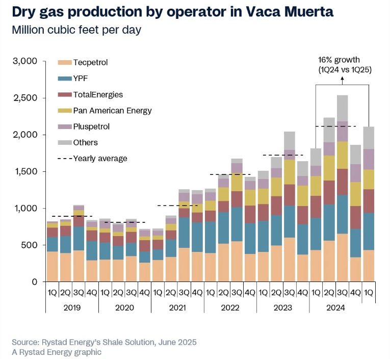  /></p><p>Una piedra angular de las ambiciones de exportación de gas natural licuado (GNL) de Argentina, impulsadas por las ganancias constantes y fiables de Vaca Muerta, es el proyecto Southern Energy LNG. Esta iniciativa aprovechará dos buques flotantes de GNL (FLNG), el Hilli Episeyo y el MK II, ambos suministrados por <strong>Golar LNG.</strong> Estas unidades se posicionarán estratégicamente frente a la costa de la provincia de Río Negro y ofrecerán conjuntamente una capacidad de exportación de 6 millones de toneladas al año (Mtpa) para el país. Se prevé que la decisión final de inversión (FID) para el MK II se tome en el tercer trimestre de 2025, con la primera producción del Hilli Episeyo prevista para finales de 2027 y la puesta en marcha del MK II prevista para finales de 2028.</p>
<p>En un esfuerzo nacional paralelo para liberar el potencial de exportación de GNL, <a href=