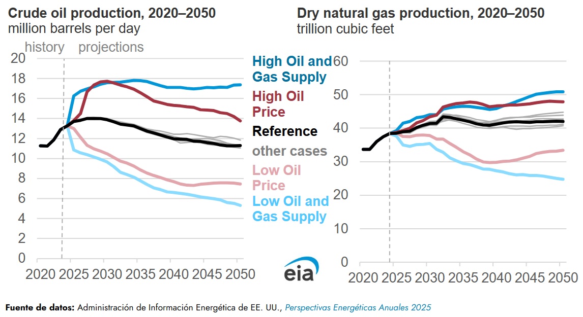  /></p><p>El <em>AEO2025</em>, publicado en abril, solo considera, en la mayoría de los casos, las aportaciones del mercado y las políticas a diciembre de 2024. Este análisis no incluye la legislación, las regulaciones, las medidas ejecutivas ni las sentencias judiciales posteriores a esa fecha.</p>
<p><strong>Petróleo crudo</strong></p>
<p>La producción de petróleo crudo aumenta a aproximadamente 14,0 millones de barriles por día (b/d) en 2027 o 2028 en la mayoría de los casos, en comparación con los 13,2 millones de b/d en 2024. El crecimiento a corto plazo en las proyecciones se debe principalmente al aumento de la producción en la Cuenca Pérmica. Las proyecciones a largo plazo difieren ligeramente de su <em>Perspectiva Energética a Corto Plazo (STEO)</em>, que pronostica que la producción de petróleo crudo de EEUU promediará 13,4 millones de b/d en 2025 y un poco menos en 2026, según las condiciones de mercado más recientes. La EIA solo realiza pronósticos hasta 2026 en su <em>STEO.</em></p>
<blockquote><p>Relacionado:</p><p><a href=