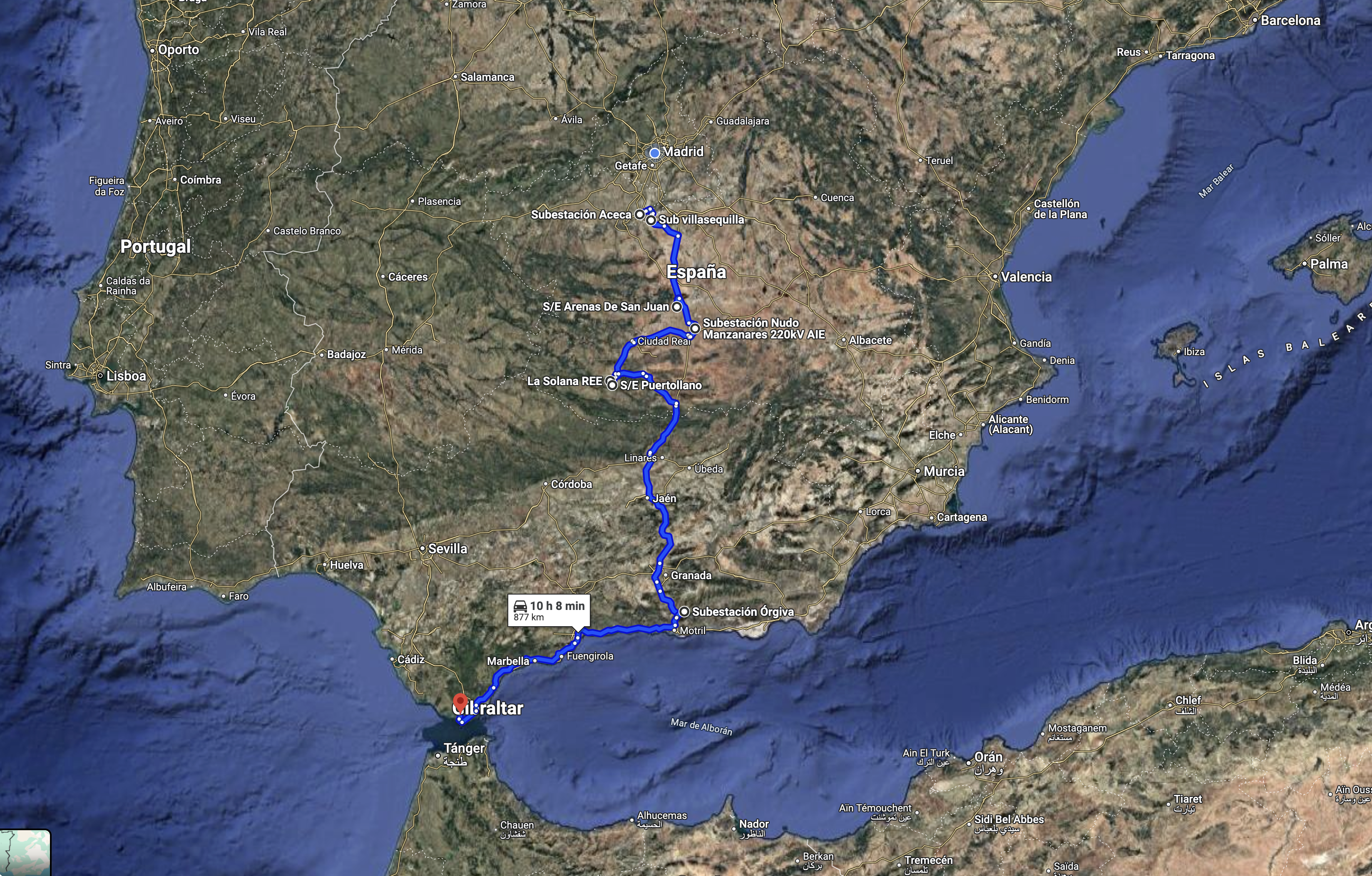 Ruta de los 10 nudos con más pérdidas de producción de energía renovable en España.