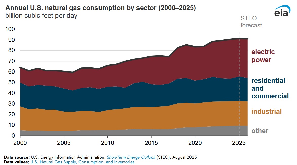 /></p><p>El consumo de gas natural fue alto a comienzos del año, lo que impulsa el pronóstico. En enero, el consumo de gas natural en EEUU alcanzó un récord de 126.8 Bcf/d, un 5 % más que el récord anterior establecido en enero de 2024, según datos del informe <em>Natural Gas Monthly</em>.</p>
<p>En febrero de 2025, el consumo fue de 115.9 Bcf/d, también un 5 % más que el récord anterior para febrero, establecido en 2021. El consumo en estos meses de invierno fue impulsado en parte por un clima más frío, incluido un evento de vórtice polar a mediados de enero.</p>
<p>El consumo de gas natural en EEUU suele alcanzar su pico en enero o febrero, cuando la demanda de calefacción en los sectores residencial y comercial es mayor. Según datos del <em>American Community Survey</em> de la Oficina del Censo de EEUU, el 45 % de los hogares utiliza gas natural como principal fuente de calefacción.</p>
<p>La EIA estima que el consumo de gas natural disminuyó en la primavera y el verano de este año, en comparación con el mismo período del año pasado, especialmente en el sector eléctrico. El gas natural sigue siendo la fuente más común para la generación de electricidad en EEUU, pero hasta ahora en 2025 ha perdido participación de mercado frente al carbón, la energía solar y la eólica.</p>
<p><img src=
