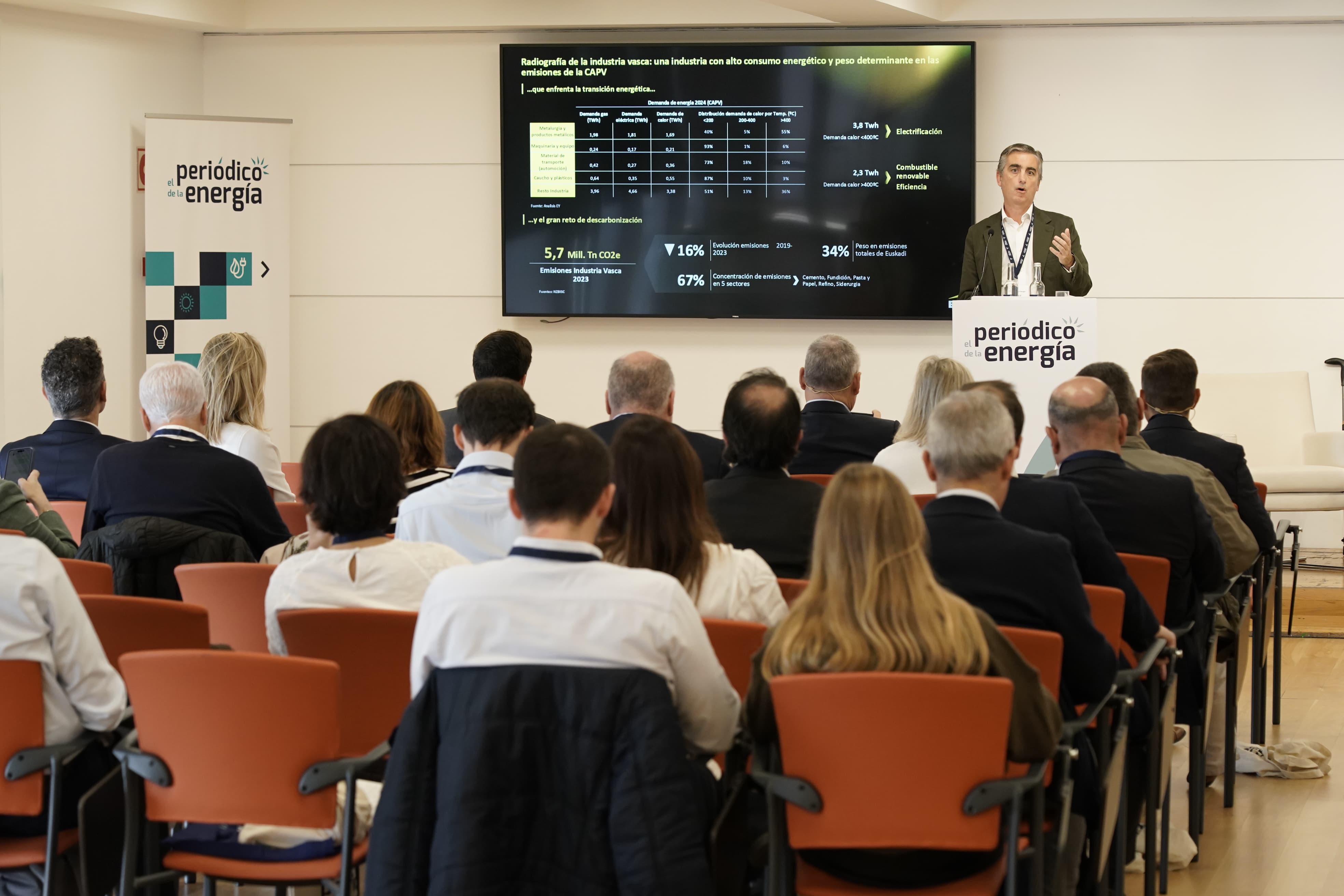 El socio de EY, Charles Kirby, durante su análisis sobre la industria vasca. - FOTO: Fernando Gómez /></p><h3>El caso de Euskadi</h3>
<p>Por su parte, el socio de ESG de EY, <strong>Charles Kirby</strong>, quiso poner el foco más en la industria vasca y presentó un análisis sobre esas oportunidades que se le brindan a la industria con la transformación energética.</p>
<p>Kirby analizó la actual situación y llegó a la conclusión de que la economía vasca, gracias a su variedad de industrias, desde la metalurgia a los bienes de equipo, lo que necesita es un mix de soluciones.</p>
<p>"Hay una cantidad muy relevante de industria que creemos que se va a electrificar. De hecho, nuestras proyecciones hablan de varios teravatios hora al año adicionales en el consumo en el País Vasco. Suponiendo que despejamos todos los problemas que tengamos de la red, pero también es muy importante  buscar una solución a esos otros dos coma tres teravatios hora de consumo térmico en altas temperaturas que no se van a electrificar", ha dicho.</p>
<p>La descarbonización puede venir por distintas soluciones o tecnologías. Pero se podrán desarrollar con éxito si se superan varias barreras. El socio de EY destacó el problema de las redes eléctricas como cuello de botella de los proyectos industriales, así como el exceso de regulación.</p>
<p>"Desde el punto de vista de una industria, no se trata de si hay una solución que cubre o no cubre mi necesidad, sino la pregunta es, ¿y entre todas las soluciones es la más competitiva o no es la más competitiva? Entonces, creemos que ese elemento es importante", resaltó durante su charla.</p>
<p>También explicó el uso de las distintas tecnologías así como su financiación para lograr esos objetivos de descarbonización. Entre ellas destacó la oportunidad que brinda el almacenamiento energético de cara al futuro.</p>
<p>En definitiva, la industria tiene una gran oportunidad ante sí.</p></div></body></html>