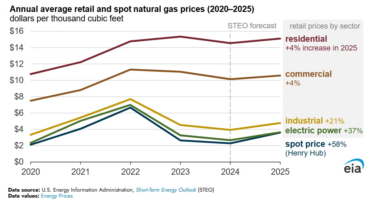  /></p><p>El precio de cada sector está parcialmente influenciado por el precio mayorista del gas natural, representado por el precio spot en el punto de referencia Henry Hub. En lo que va del año, los precios mensuales del gas natural en Henry Hub han sido más altos que en los mismos meses de 2024. En promedio anual, la EIA espera que el precio del gas natural en Henry Hub en 2025 sea un 58% mayor que en 2024.</p>
<p><img src=