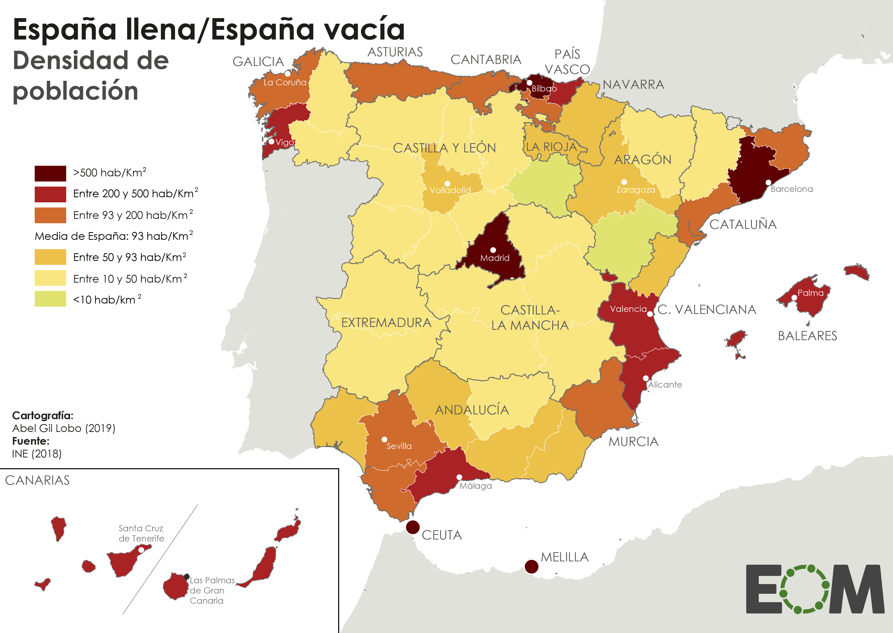 Densidad de población de España. - Fuente: El Orden Mundial /></p><p>Con la infografía anterior queda muy patente el problema estructural que tiene el país con la España vaciada. Sin embargo, mi intención con esta entradilla ha sido remarcar 3 características relevantes de la región.</p>
<ol>
<li>Zona muy <em><strong>industrializada</strong></em>.</li>
<li>Superficie pequeña con mucha <em><strong>concentración de habitantes.</strong></em></li>
<li><em><strong>Escasa energía renovable</strong></em> disponible por la orografía.</li>
</ol>
<p>La Oficina de Estadística de las Comunidades Europeas –EUROSTAT recoge los balances energéticos de todos los países de la Unión Europea. A partir de estos balances, elabora una serie de indicadores y realiza una comparativa entre los países. A partir de esta información es posible realizar una comparativa entre Euskadi y algunos países europeos.</p>
<p>En el siguiente gráfico se muestra <em><strong>las estructuras del consumo interior bruto de Euskadi en el año 2022</strong></em>, donde podemos observar a simple vista lo diferentes que son los mix energéticos de la Unión Europea.</p>
<p><img src=