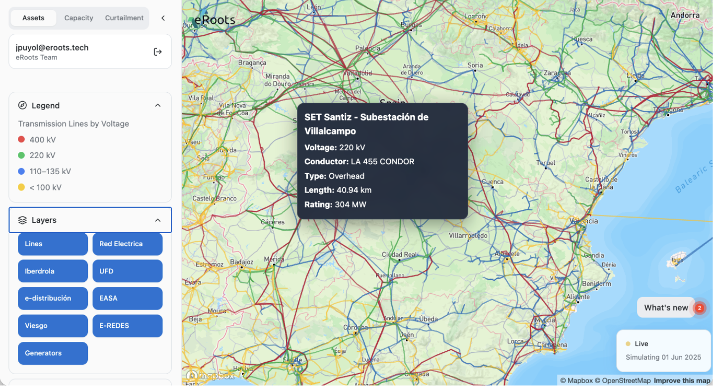 Ilustración de la interfaz del Mapa eRoots, que muestra la red de España y Portugal. /></p><p>Fundamentalmente, eRoots está construido como un <strong>mapa “vivo” en lugar de estático</strong>. No solo muestra las condiciones actuales de la red, sino que también permite a los usuarios <strong>simular escenarios futuros</strong> de la red y el mercado. Cada línea de transmisión, subestación y nudo se modela con datos eléctricos reales (impedancias, capacidades, etc.), lo que permite cálculos realistas de flujo de potencia en toda la península ibérica.</p>
<p>La plataforma integra datos del TSO nacional y múltiples DSOs, precios históricos del mercado y proyecciones (por ejemplo, generación planificada en proceso), unificando lo que antes estaba disperso en hojas de cálculo y bases de datos aisladas. En resumen, eRoots “habla el lenguaje de la red” y proporciona el primer <strong>mapa eléctrico integral de Iberia</strong> con datos tanto actuales como prospectivos en un solo lugar.</p>
<p>Lo que realmente diferencia a eRoots es la capacidad de <strong>“ver lo invisible”</strong> de la operación de la red mediante la ejecución de simulaciones. Los usuarios pueden alternar escenarios futuros (hasta con cinco años de antelación) para responder a preguntas de <em>“qué pasaría si”</em> que antes eran difíciles de evaluar.</p>
<p>Por ejemplo, se puede investigar: <em>¿Qué ocurre con las condiciones locales de la red si todos los proyectos renovables del plan español PNIEC 2030 entran en funcionamiento? ¿Dónde surgirán</em> <em>cuellos de botella</em> <em>si la demanda crece según las previsiones? ¿Qué zonas podrían enfrentarse a frecuentes</em> <em>eventos de precio cero</em> <em>o</em> <em>limitación</em> <em>en un escenario de alta penetración de renovables?</em></p>
<blockquote><p>Relacionado:</p><p><a href=